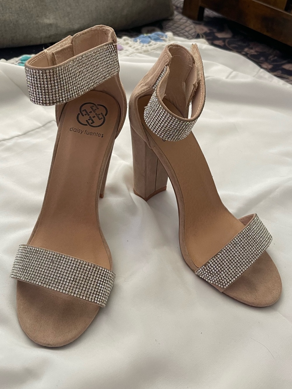 Daisy Fuentes Blush Crystal Ankle Strap Block Heels